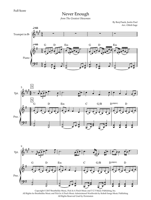 Never Enough (Arr. Ottirb Sage) - The Greatest Showman Ensemble (Trumpet and Piano)