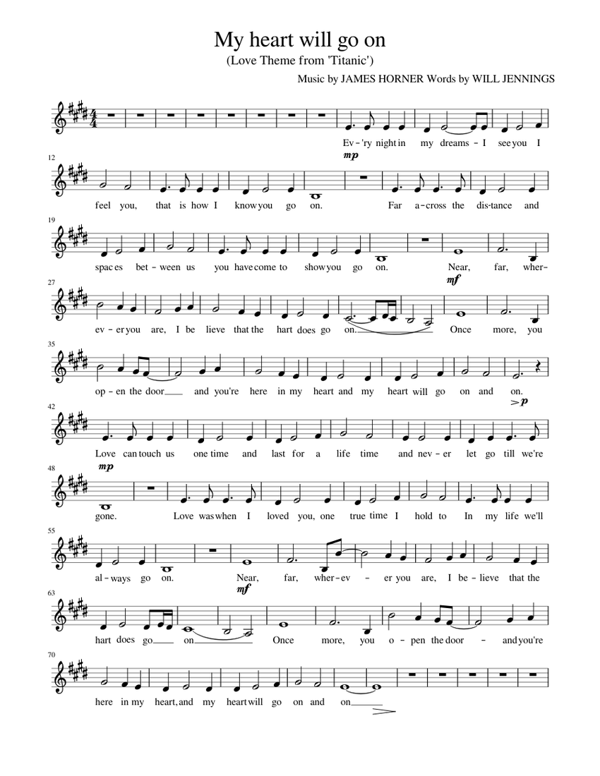 My heart will go on songtext with notes Sheet music for Piano Solo Easy Musescore