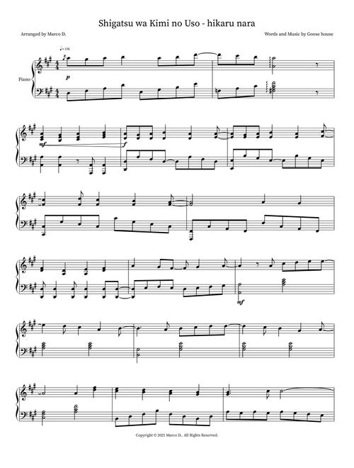 Shigatsu wa Kimi no Uso - hikaru nara (Arr. Marco D.) - Goose house (Piano Solo)