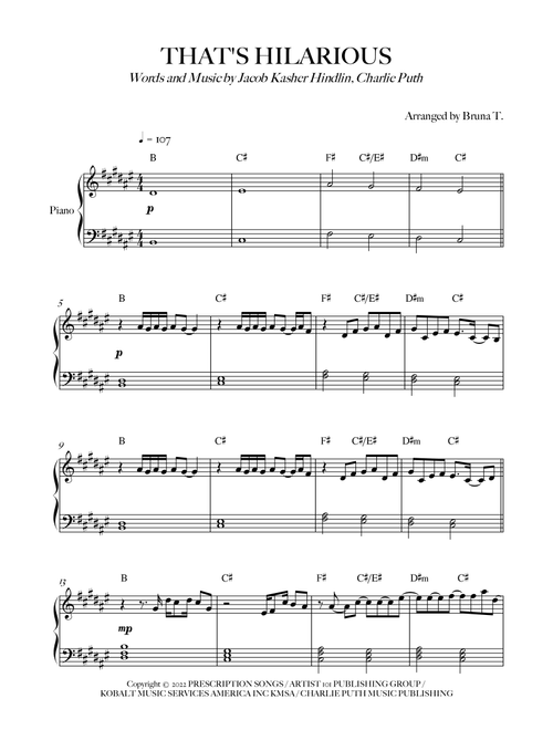 That's Hilarious (Arr. Bruna T.) - Charlie Puth (Easy Piano)