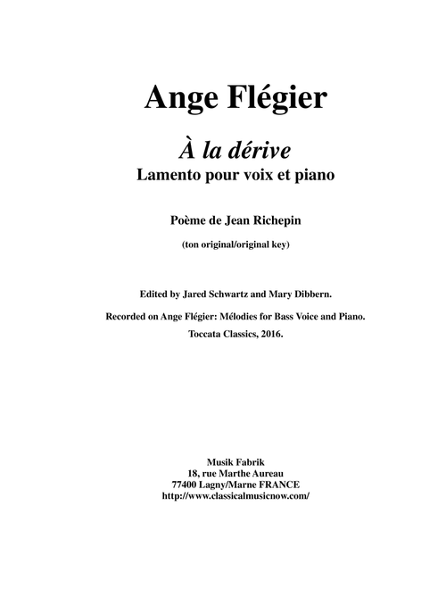Ange Flégier: à la dérive for baritone voice and piano (Vocal Solo)