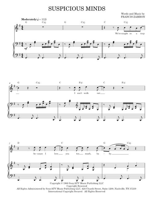 Suspicious minds - Elvis Presley (Piano Vocal)