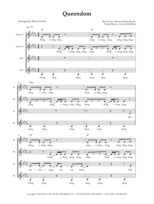 Queendom (Arr. Håvard Sveås) - Fiona Bevan, Aurora Aksnes, James Jacob (Choral, SSAA)