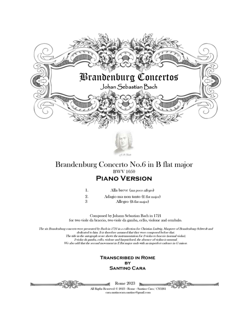 Bach - Brandenburg Concerto No.6 in B flat major BWV 1051 - Piano Version (Arr. Santino Cara) (Piano Solo)