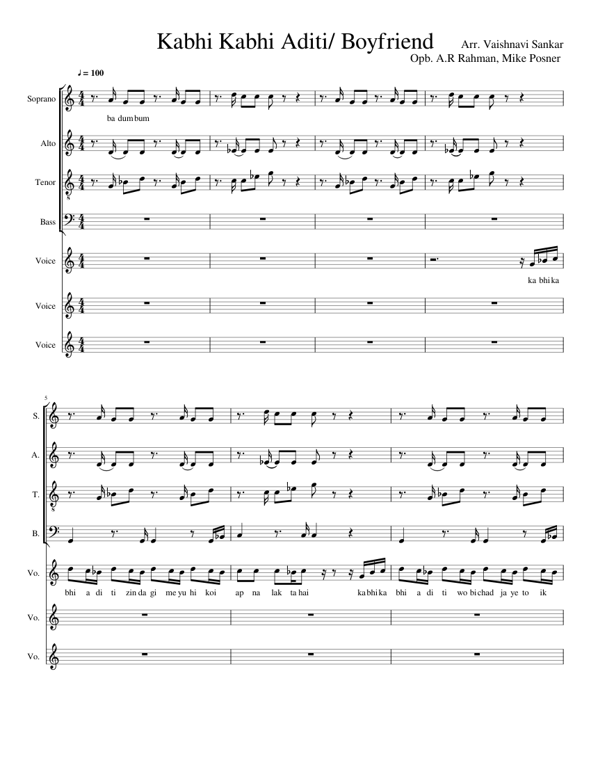 Kabhi Kabhi Aditi/ Boyfriend Sheet Music for Soprano, Alto, Tenor, Bass  voice \u0026 more instruments (Choral) | MuseScore.com, image size:850x1100