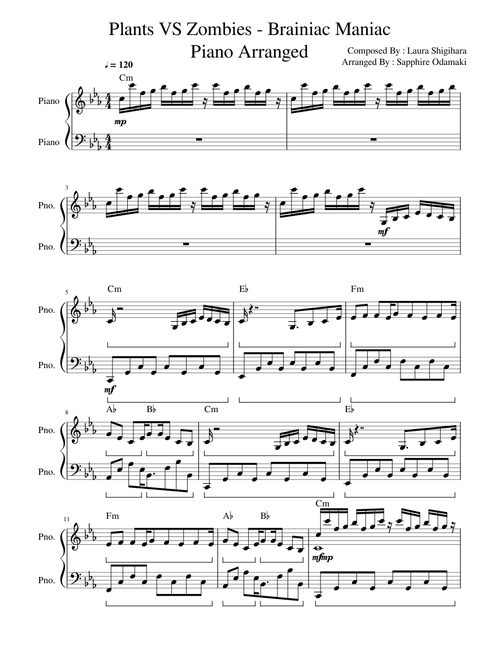 Plants VS Zombies - Brainiac Maniac - Piano Arranged