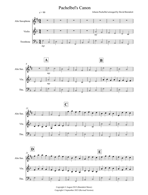 Pachelbel's Canon for Alto Saxophone, Violin and Trombone Trio (Arr. David Burndrett) - Johann Pachelbel (Small Ensemble)