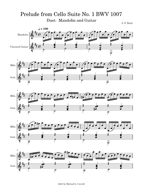 Prelude from Cello Suite No.1 BWV 1007 – Johann Sebastian Bach:  for Mandolin and Guitar