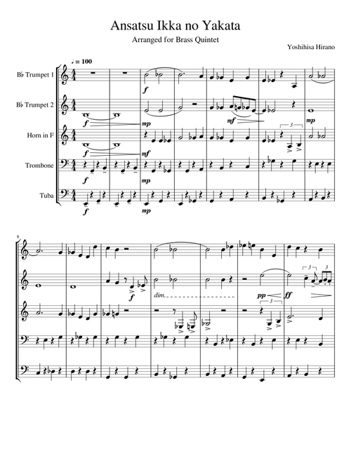 Zoldyck Family Theme (Ansatsu Ikka no Yakata) Arranged for Brass Quintet