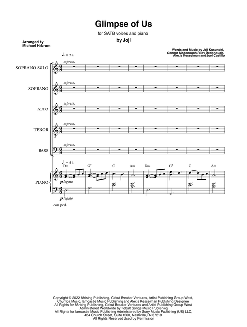 Glimpse Of Us (Arr. Michael Habrom) - Joji (Choral, Mixed Choir)