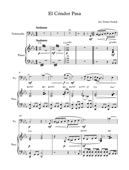 El Cóndor Pasa Violoncello and Piano (Arr. Tomaz Nedoh) (Cello and Piano)