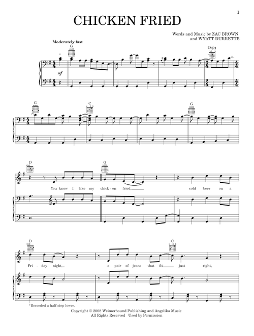 Chicken Fried - Zac Brown Band (Piano-Vocal-Guitar)