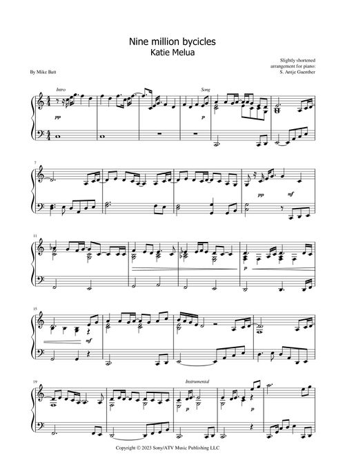 Nine Million Bicycles (Arr. S. Antje Guenther) - Katie Melua (Piano Solo)