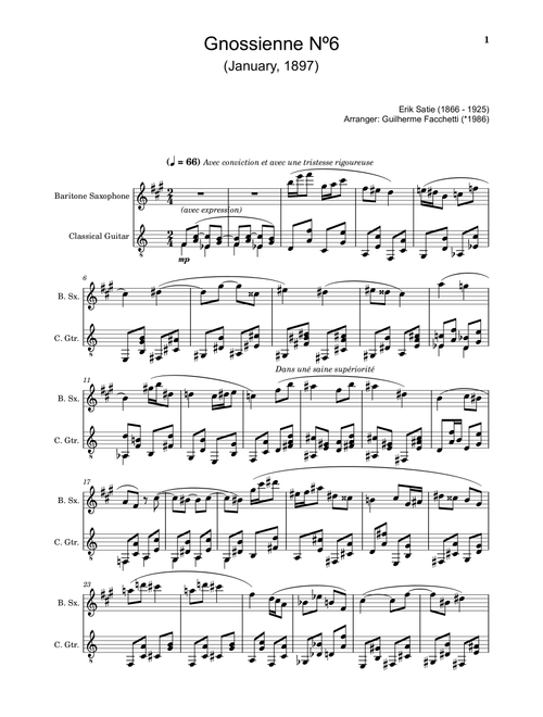 Erik Satie - Gnossienne Nº6. For B. Sax. and Guitar. (Arr. Guilherme Facchetti) (Instrumental Duet)