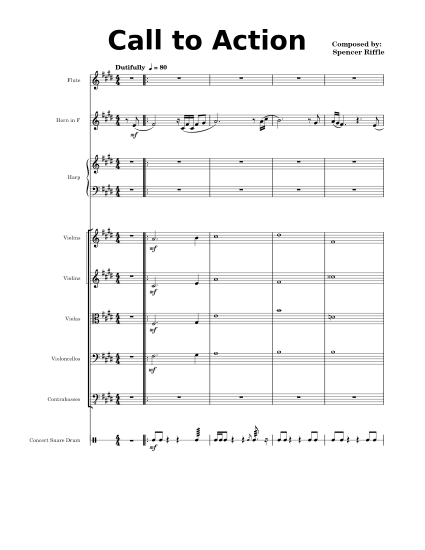 Call to Action Sheet music for Flute, French horn, Snare drum, Harp