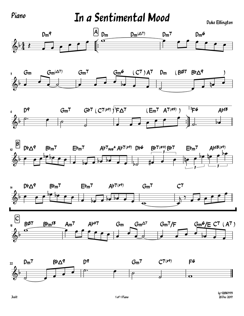 Sentimental Riff In a Sentimental Mood Sheet Music with Chords for Piano (Solo) easy ...