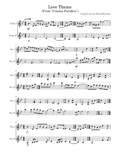 Love Theme(from "Cinema Paradiso") by Ennio Morricone, for 2 violins