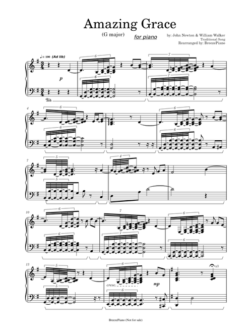 Amazing Grace in G major for Piano - BreezePiano