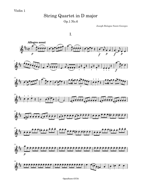 String Quartet in D major, Op.1 No.6 – Joseph Bologne Saint-Georges - Violin 1 PART