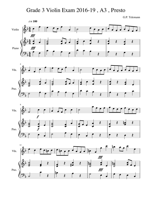 Grade 3 Violin Exam 2016-19 , A3 , Presto