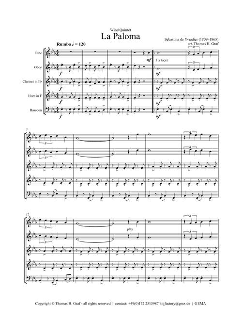La Paloma - Spanish Habanera - Wind Quintet (Arr. Thomas H. Graf) - Sebastina de Yvradier (1809–1865) (Woodwind Ensemble)