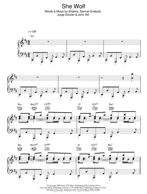 She Wolf - Shakira (Piano-Vocal-Guitar (Piano Accompaniment))