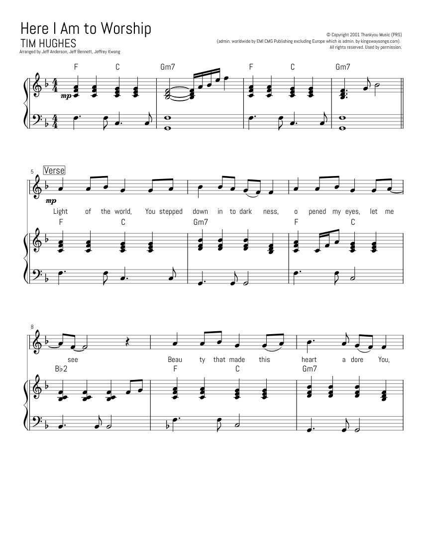 Here I Am to Worship Sheet Music with Chords for Piano (Mixed Trio ...