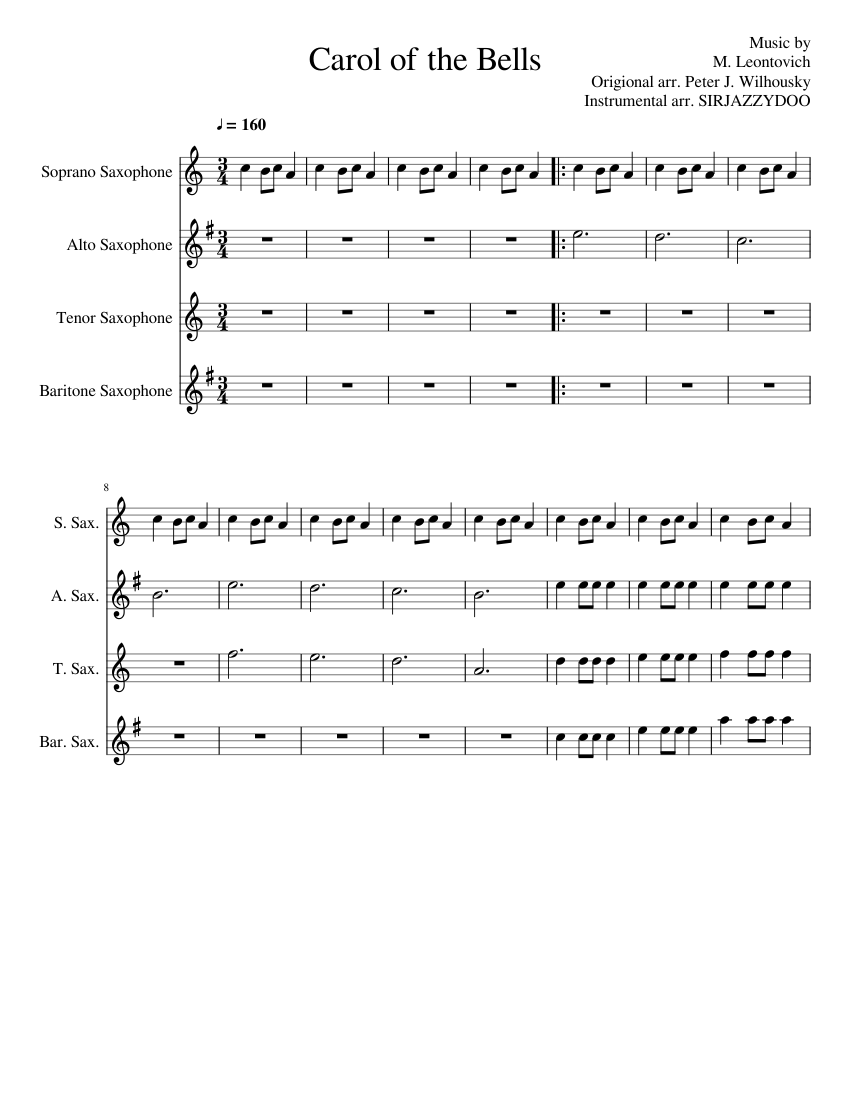 CAROL OF THE BELLS Sheet Music for Saxophone alto, Saxophone tenor ...
