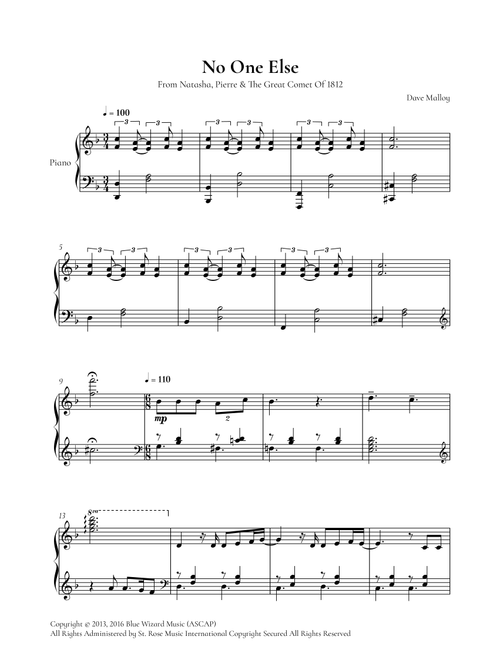 No One Else (Arr. Cadenza Editions) - Dave Malloy (Piano Solo)