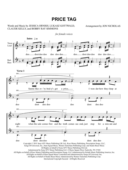 Price Tag (Arr. Jon Nicholas) - Jessie J Featuring B.O.B. (Choral, SSAA)
