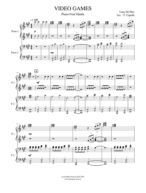 VIDEO GAMES (Lana Del Rey) - Piano Four Hands