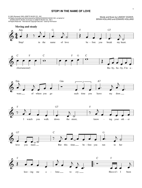 Stop! In The Name Of Love - The Supremes (Easy Lead Sheet - Fake Book)