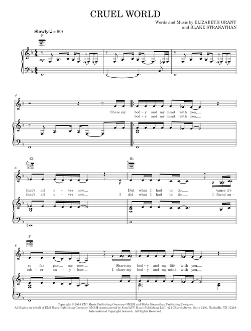 Cruel world - Lana Del Rey (Piano-Vocal-Guitar) sheet music arranged by Hal Leonard