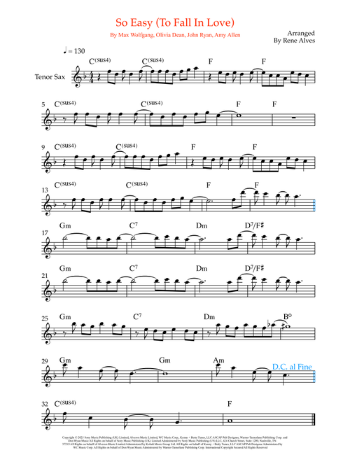 So Easy (To Fall In Love) (Arr. Rene Alves) - Olivia Dean (Tenor Sax Solo)