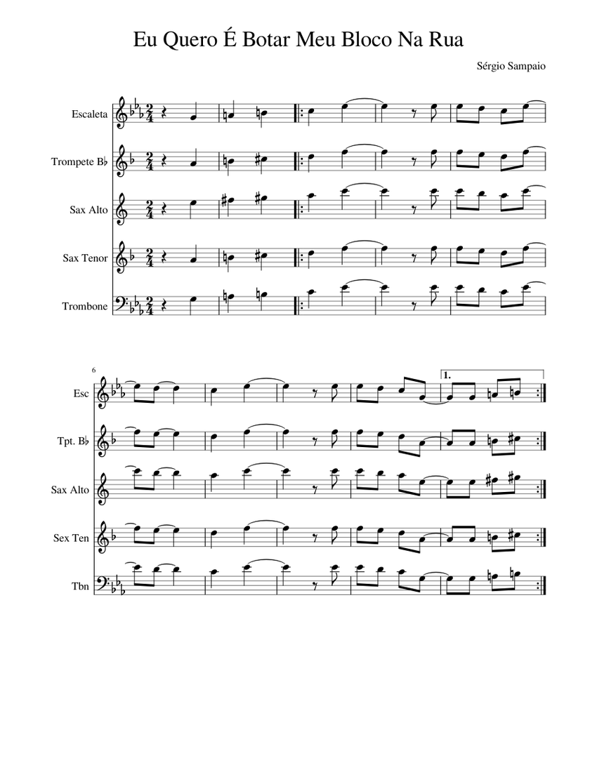 Eu Quero É Botar Meu Bloco Na Rua Sheet Music for Trombone, Saxophone ...