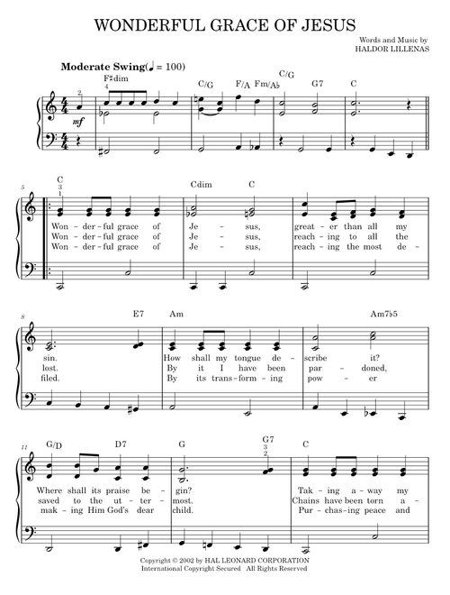 Wonderful Grace Of Jesus - Haldor Lillenas (Easy Piano)