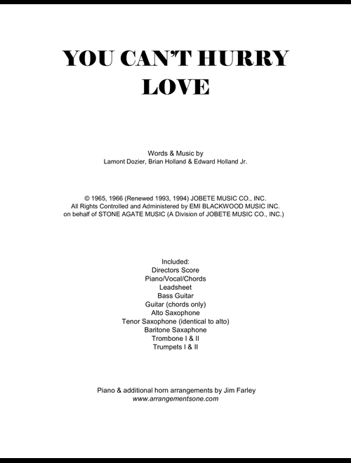 You Can't Hurry Love (Arr. Jim Farley www.arrangementsone.com) - The Supremes (Large Ensemble)