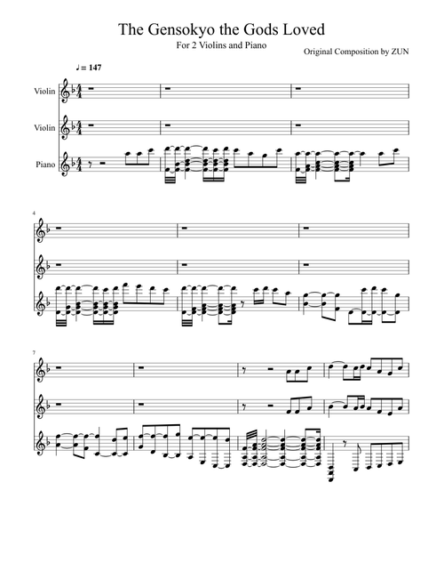 The Gensokyo the Gods Loved for 2 Violins and Piano
