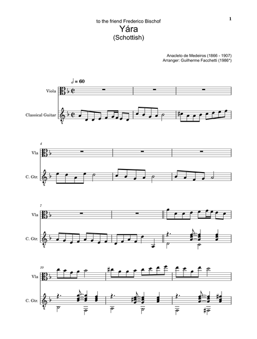 Anacleto de Medeiros - Yára. Arrangement for Viola and Classical Guitar. Score and Separated Parts (Arr. Guilherme Facchetti) (Instrumental Duet)