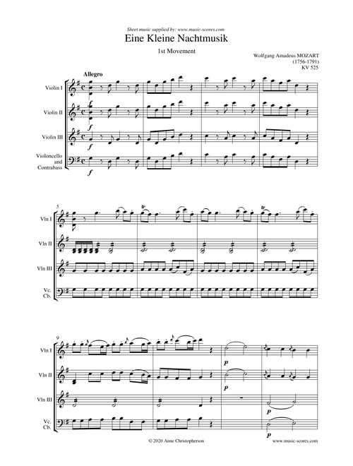 Eine Kleine Nachtmusik - Allegro 1st movement - 3 Violins and Cello and/or Contrabass (Arr. Anne L Christopherson GRSM ARCM) - Mozart, Wolfgang Amadeus (String Ensemble)