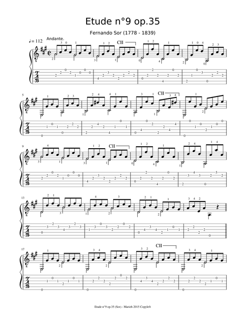 Etude n°9 op.35 - Fernando Sor (1778 - 1839) Tablature