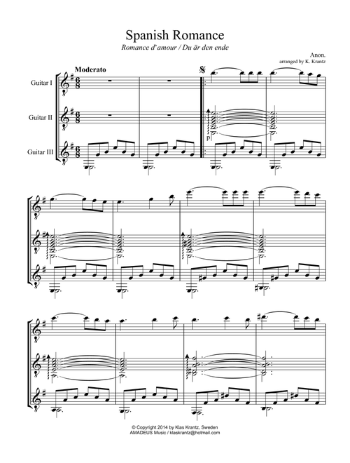 Spanish Romance, Romanza for guitar trio (Arr. K. Krantz) - trad. (Guitar Ensemble)