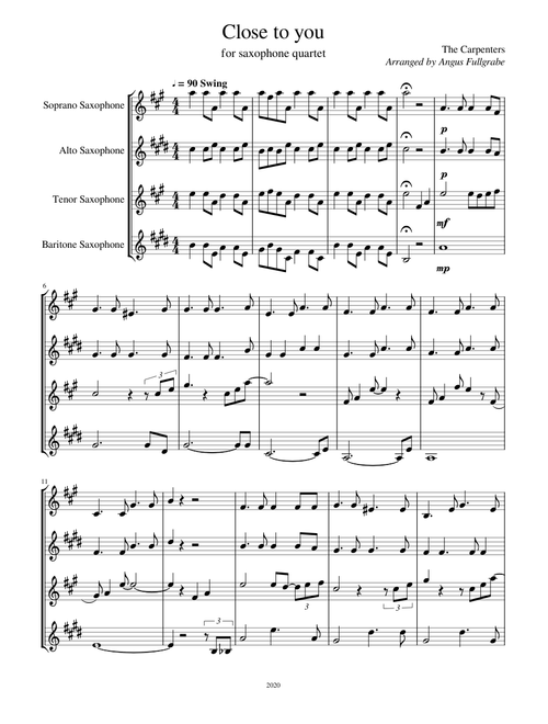 Close To You For Saxophone Quartet