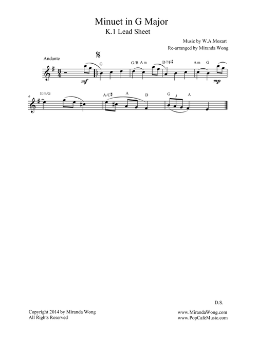 Minuet in G Major K.1 (Mozart) - For Saxophone Solo (Arr. Miranda Wong) - W.A.Mozart (Small Ensemble)