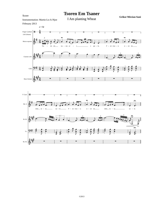 Grikor Mirzaian Suni "Tsoren Em Tsaner" arranged for voice, Clarinet and cello