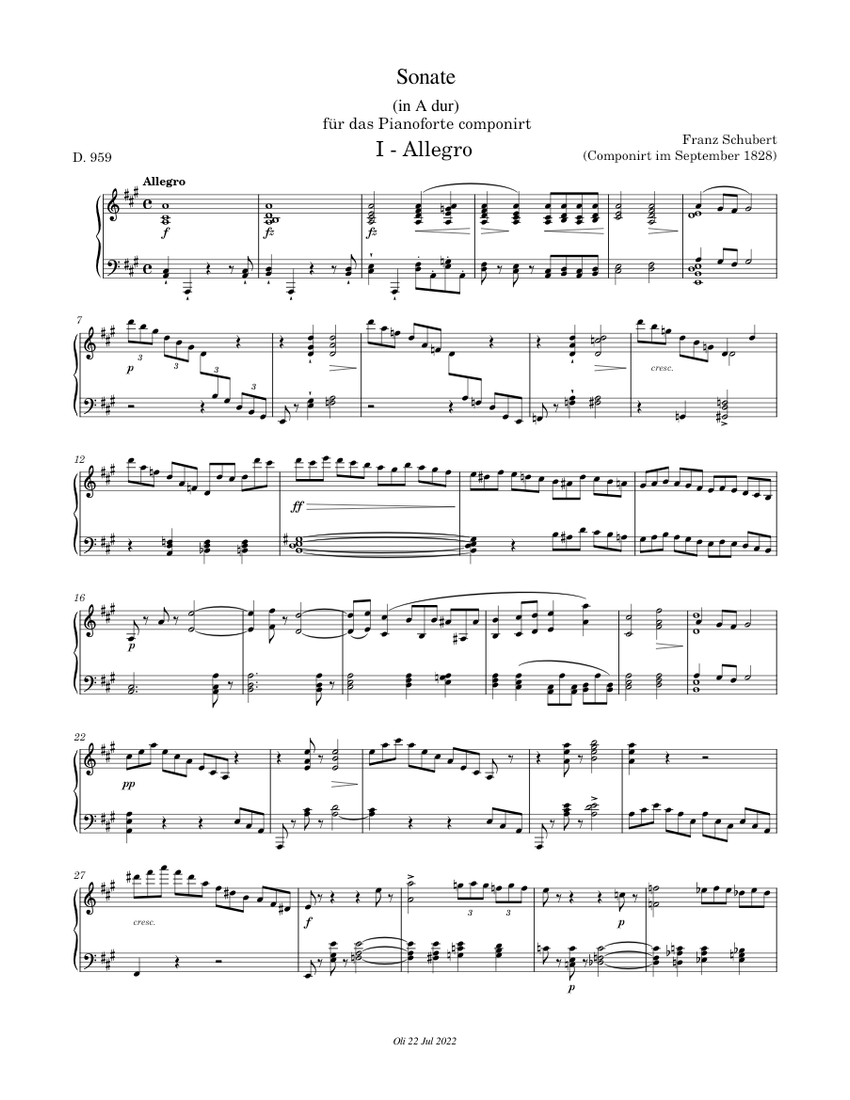 Piano Sonata in A major, D959 I-Allegro Sheet Music for Piano