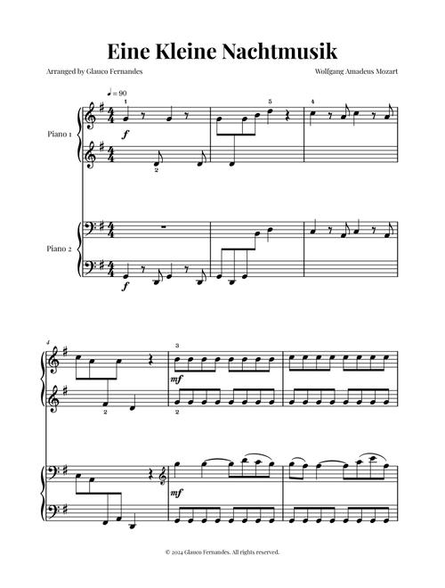 Eine Kleine Nachtmusik for Beginners: Four Hands Piano (Arr. Glauco Fernandes) - Wolfgang Amadeus Mozart (Piano Duet)