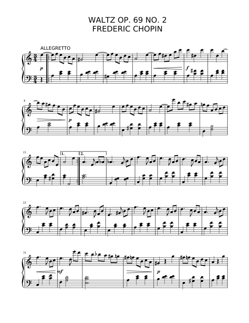 Waltz Op. 69 No. 2 EASY version Sheet Music for Piano (Solo