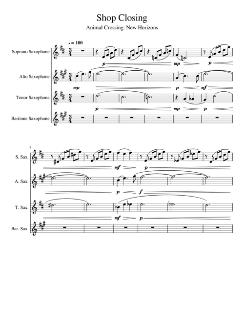 Animal Crossing: New Horizons - Shop Closing for Saxophone Quartet