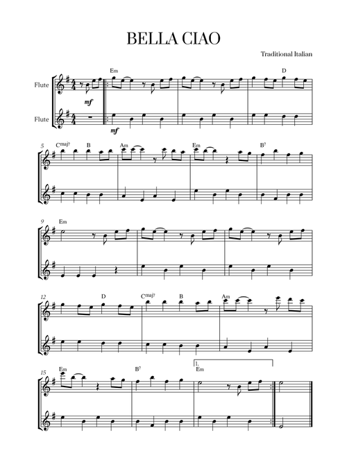 Traditional Italian - Bella Ciao (for Flute Duet) (Arr. Cadenza Editions) (Flute Duet)